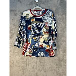 Take Two Blouse 1X Jersey Knit Nautical Sailing Sequin 3/4 Sleeve Country Club